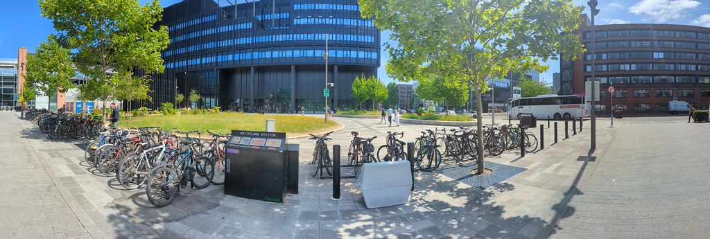 A panoramic picture of the Nancy Rothwell Building, home to the School of Engineering at the University of Manchester